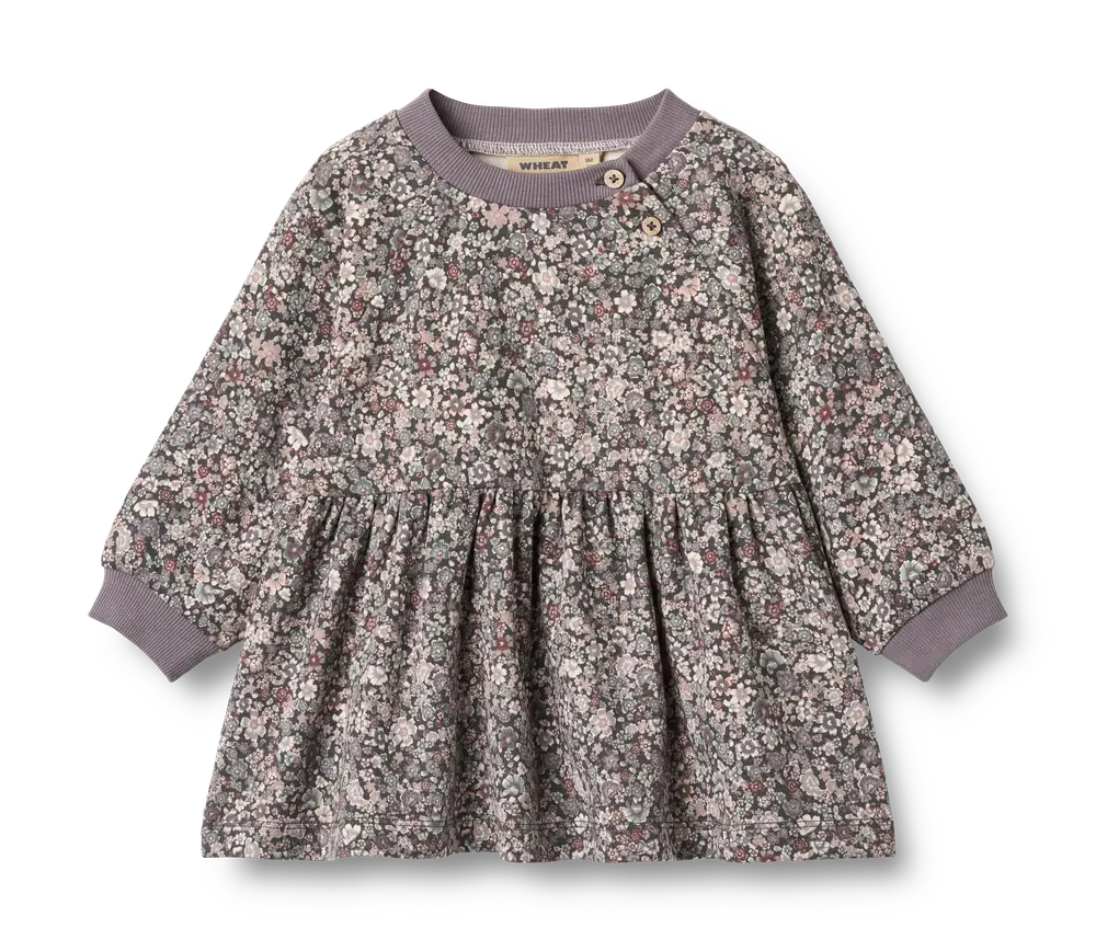 Dorthea Jersey Kjole i Lilla med Blomster - Økologisk Bomuld