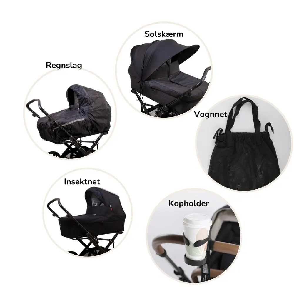 Sommer Tilbehørspakke Til Barnevogn   Solskærm, Kopholder, Regnslag, Myggenet Og Vognnet fra Scandia