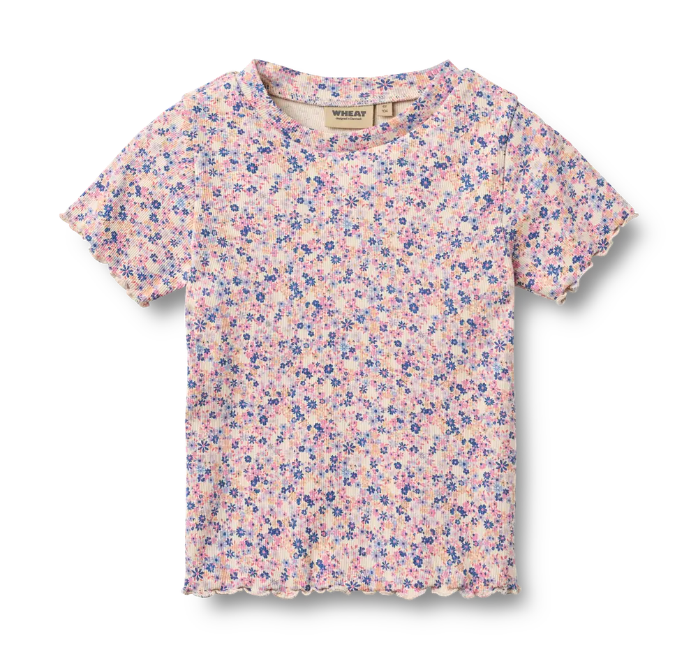 Alicia Rib T Shirt   Pink Blue Flowers   122 fra Wheat