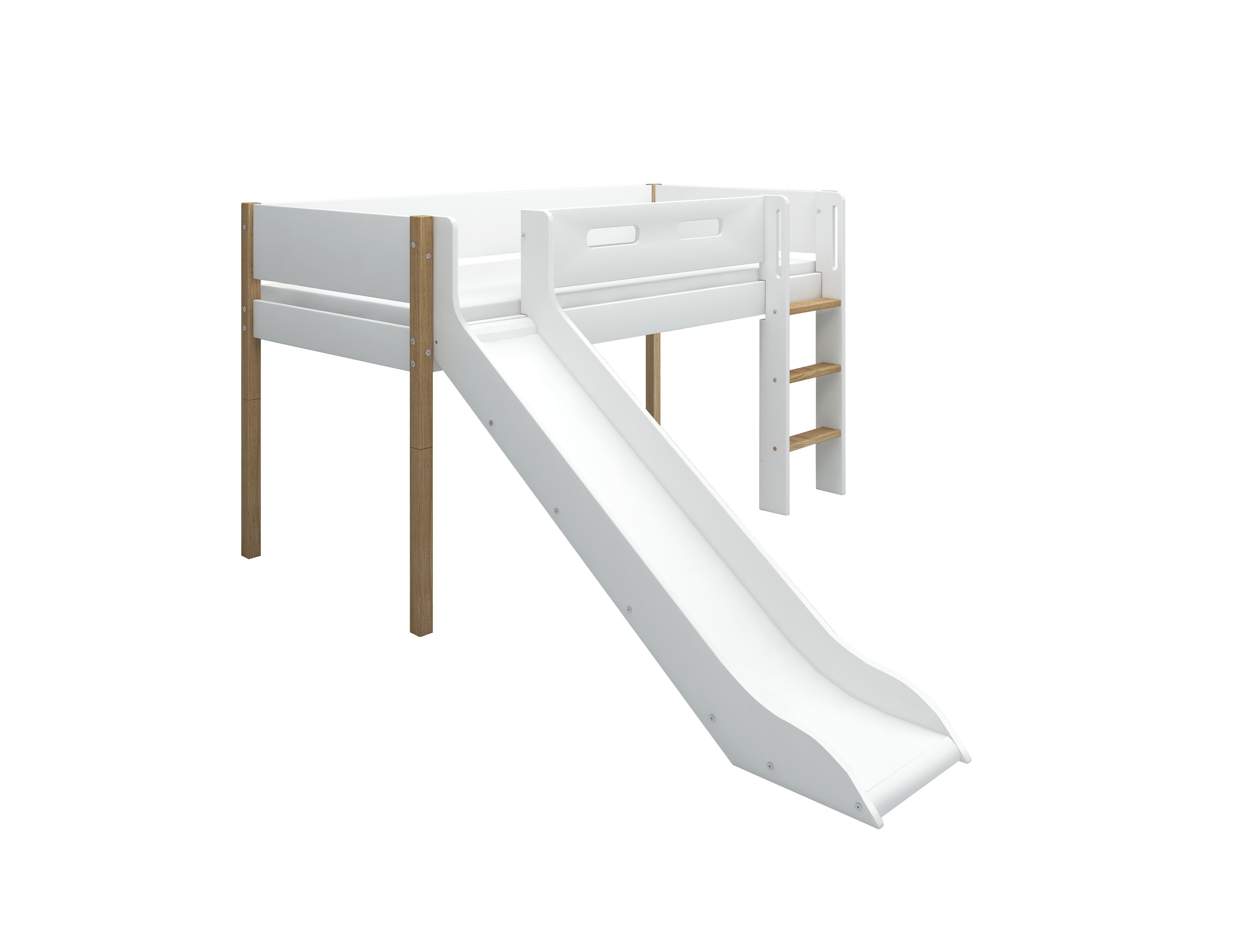 Nor Halvhøj Seng 120 Cm Med Rutchebane, Stige Og Cut Out Sengehest 90x200 Cm Hvid Eg fra Flexa
