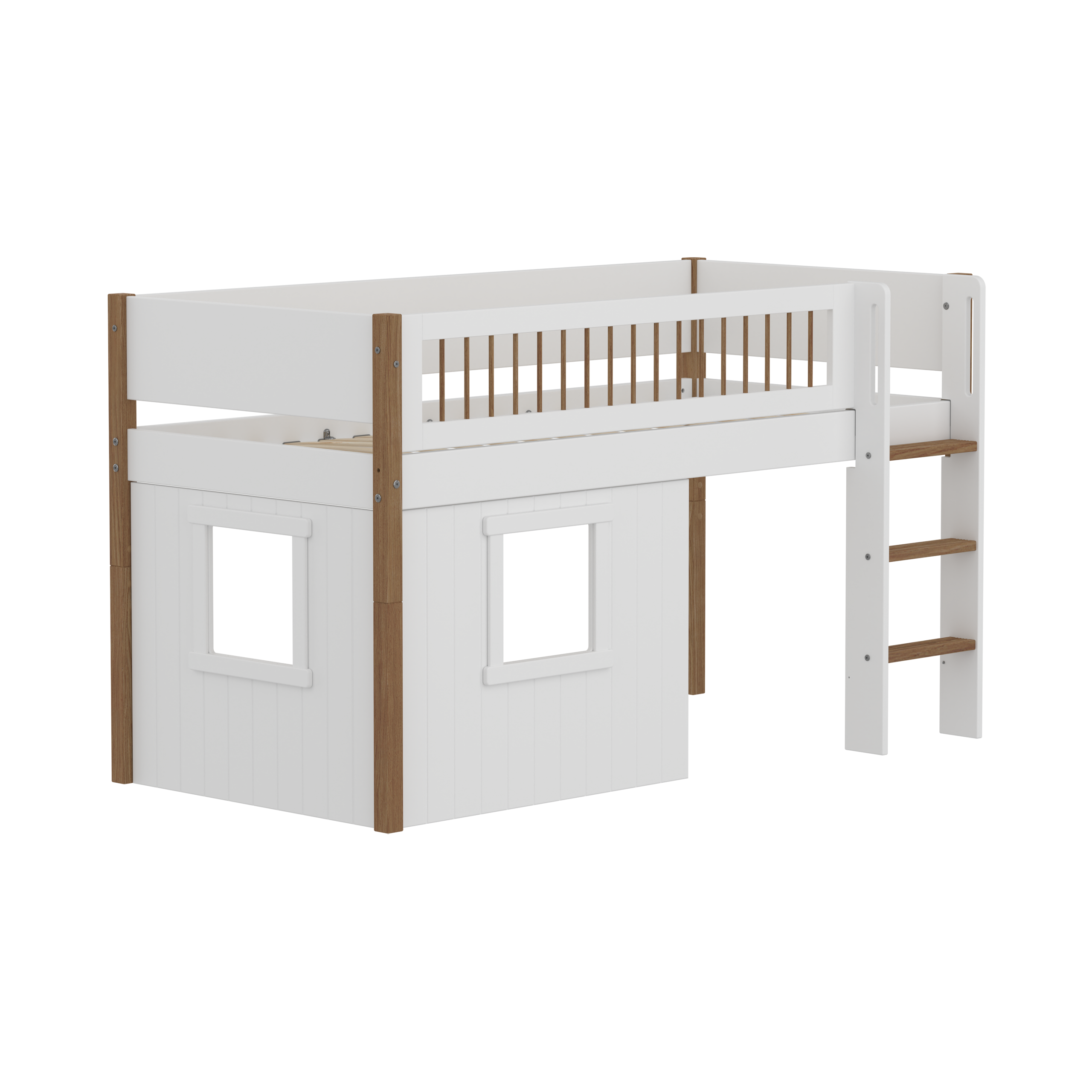 Nor Halvhøj Seng 120 Cm Med Stige, Crossbar Sengehest Og Træhytte Sengefronter 90x200 Cm Hvid Eg fra Flexa