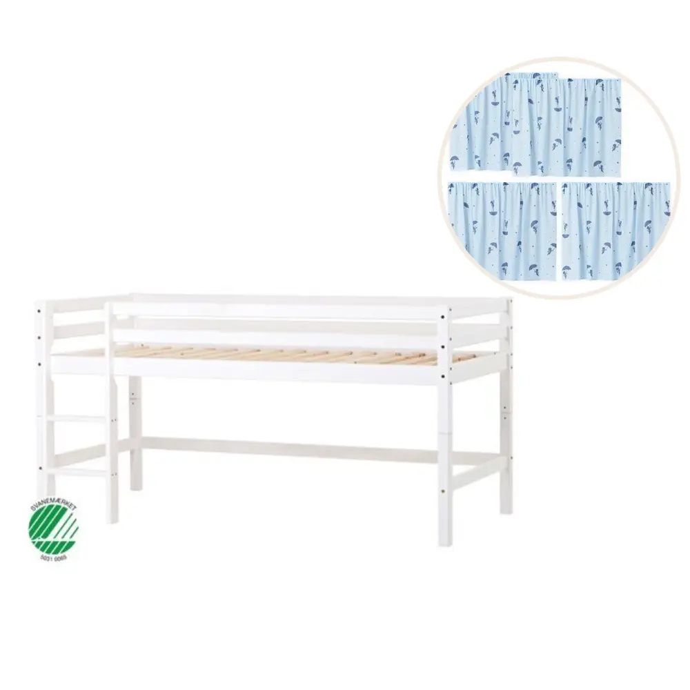 Eco Dream Halvhøj Seng (delbar) Hvid 90x200, Med Forhæng Blå fra Hoppekids