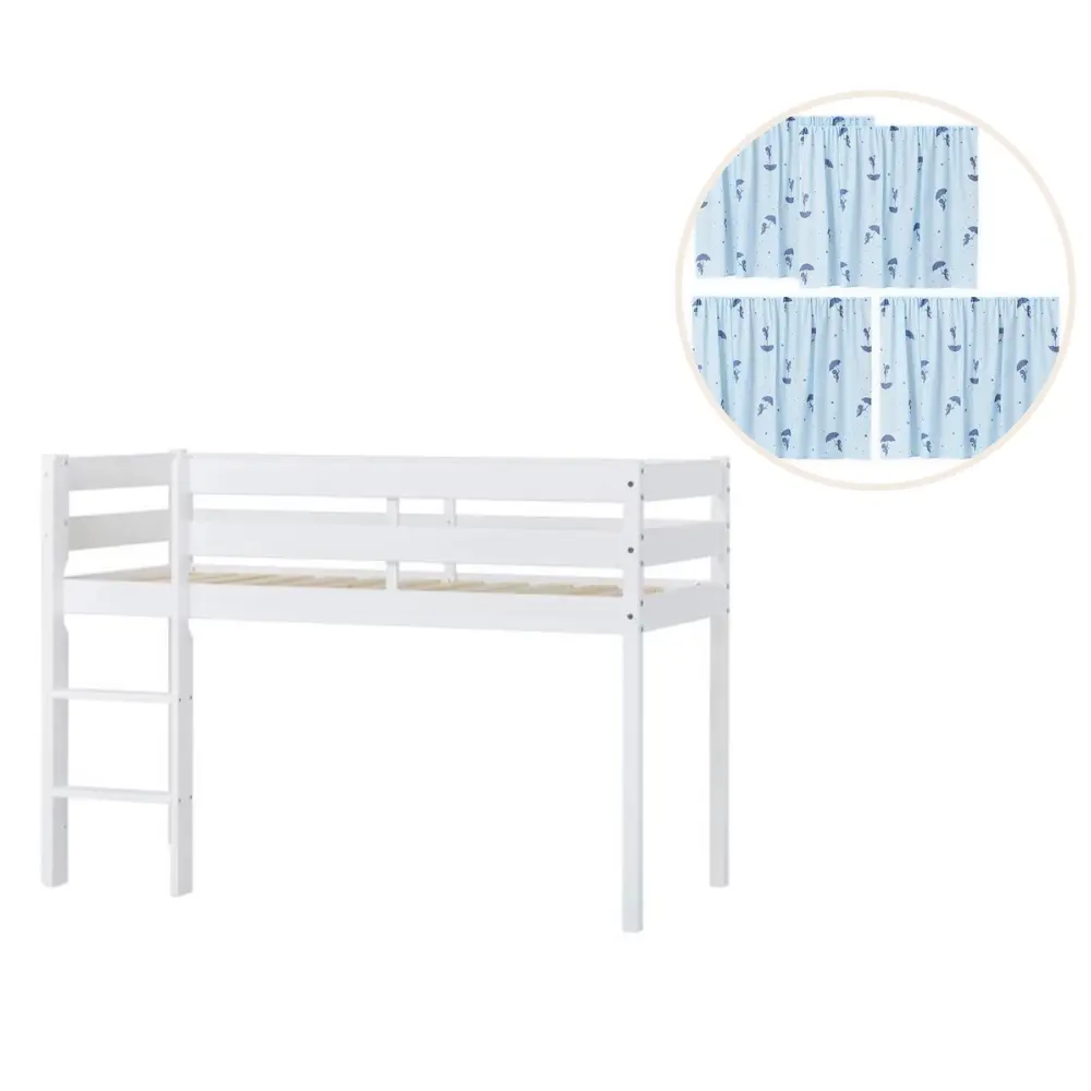 Eco Comfort Halvhøj Seng Hvid, Med Forhæng Blå fra Hoppekids