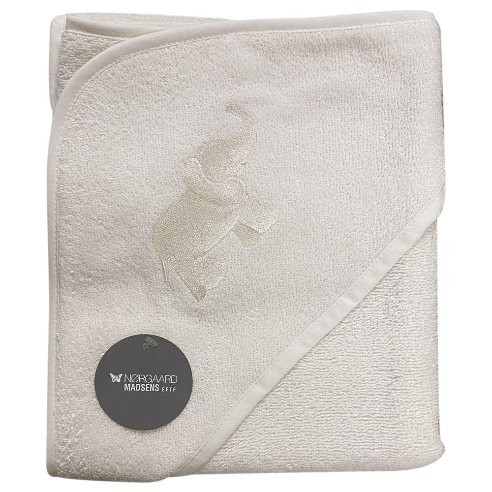 Badeslag Off White Bomuldsfrotté M  Elefant Broderet På Hætten, Str. 75x75 Cm. fra Nørgaard Madsen