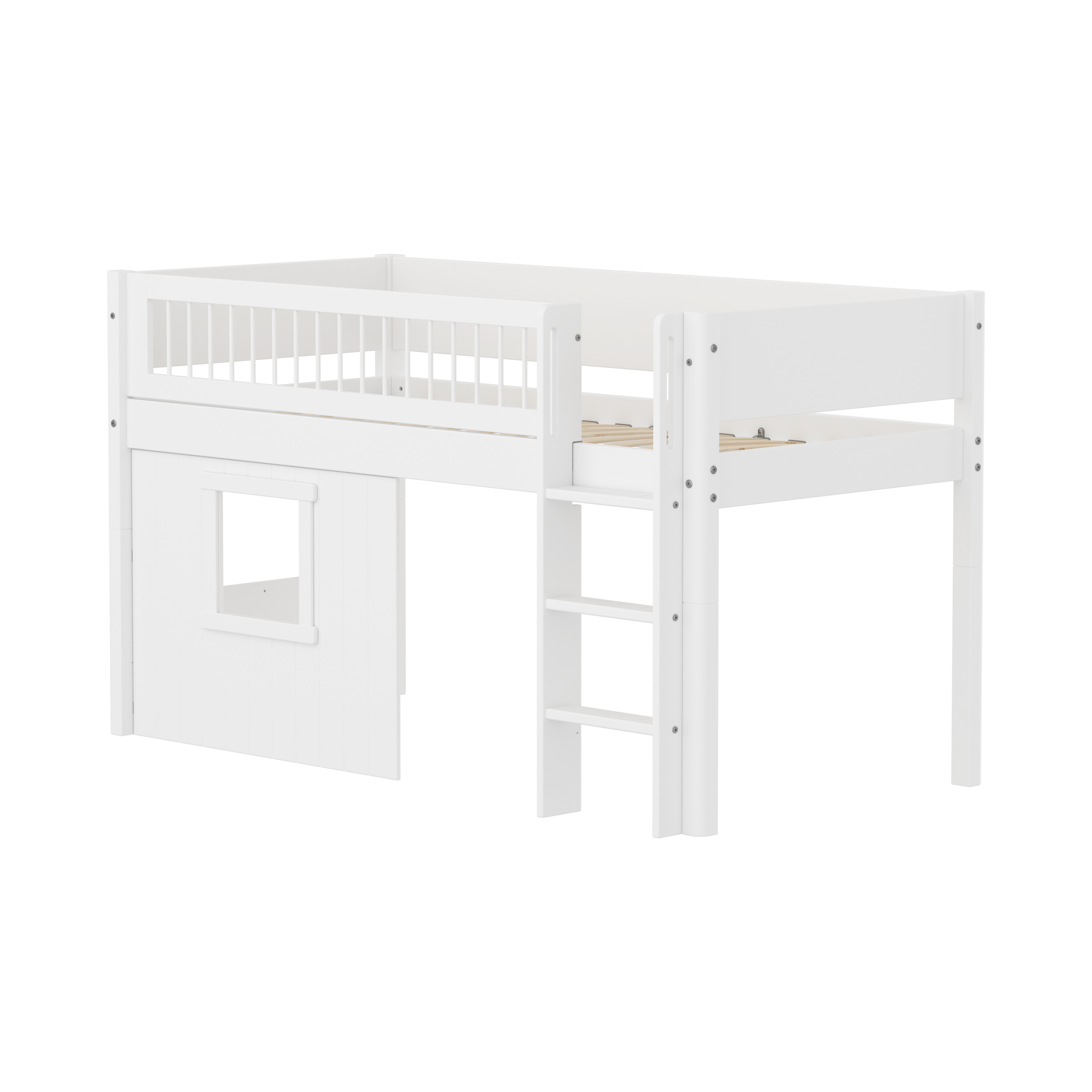White Halvhøj Seng 120 Cm Med Stige, Crossbar Sengehest Og Træhytte Sengefronter 90x200 Cm   Hvid fra Flexa