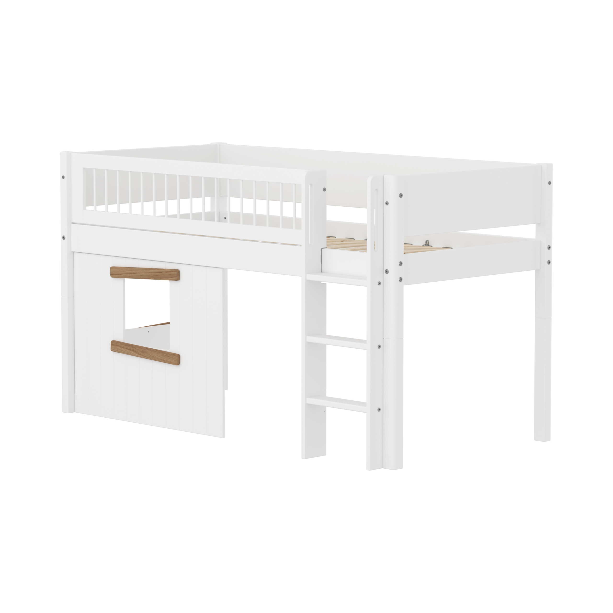 White Halvhøj Seng 120 Cm Med Stige, Crossbar Sengehest Og Træhytte Sengefronter 90x200 Cm   Hvid Eg fra Flexa