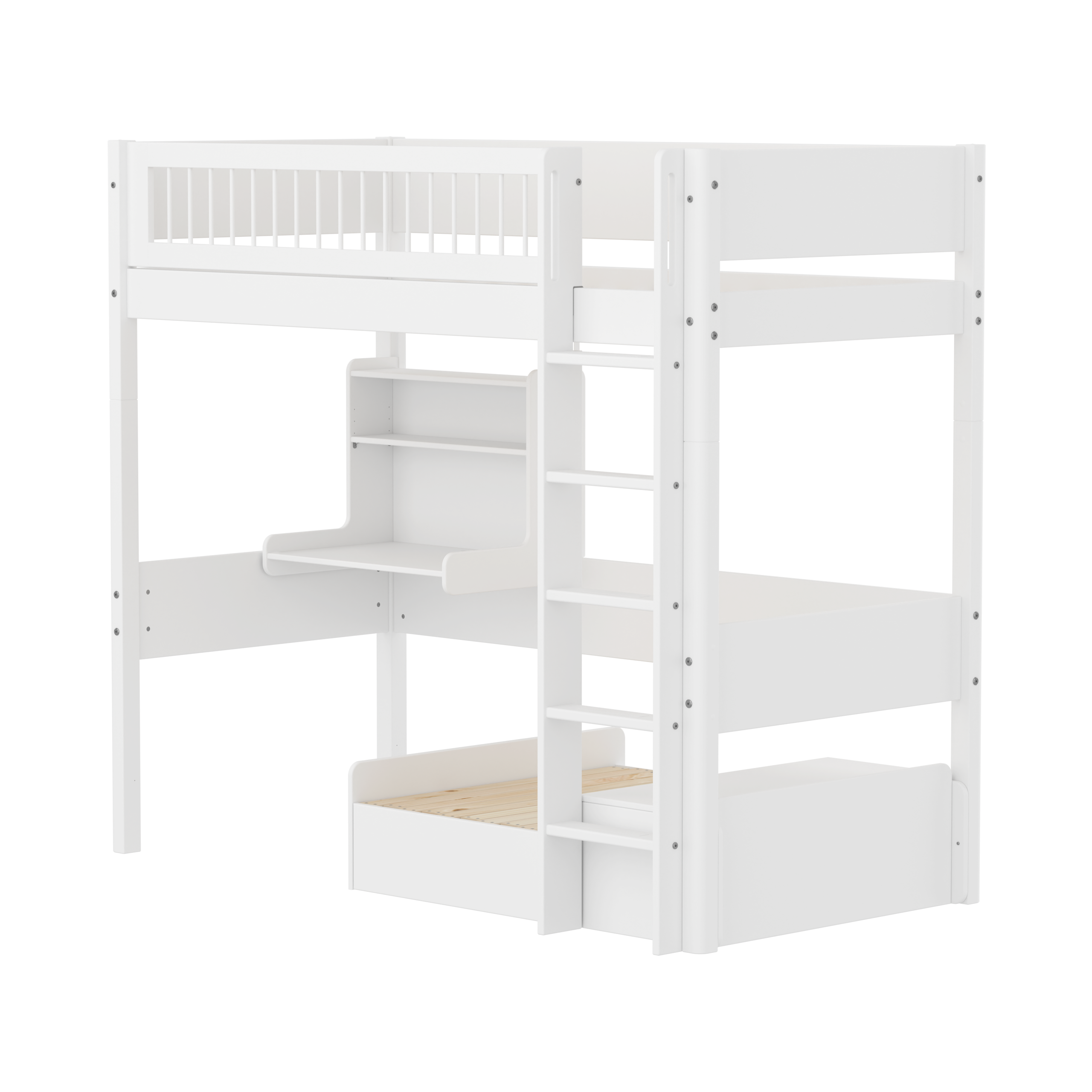 White Casa Højseng Med Crossbar Sengehest, Stige, Click On Skrivebord Og Gæsteseng 90x200 Cm   Hvid Eg fra Flexa